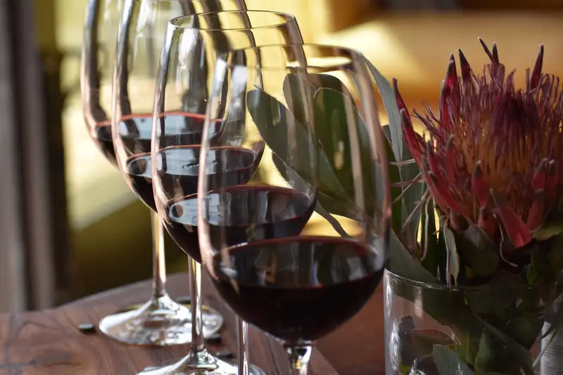 A row of four glasses of red wine on a wooden table beside a protea flower